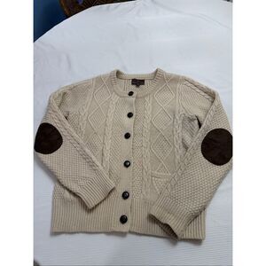 Fenn Wright Manson Cream Elbow Patch Fisherman Sweater Cardigan Size Large